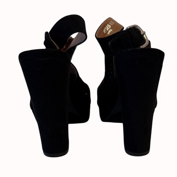 Report Black Chunky Block Heels Larz Sandals 8.5 Perforated Design Faux Suede - Picture 5 of 10